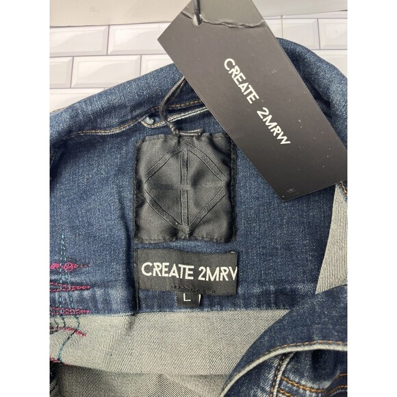 Create 2MRW Denim Jacket Womens Large Distressed Hand Painted Cotton Art to Wear - Picture 11 of 13